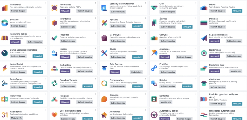 Odoo Community sistemos moduliai - nemokama versija